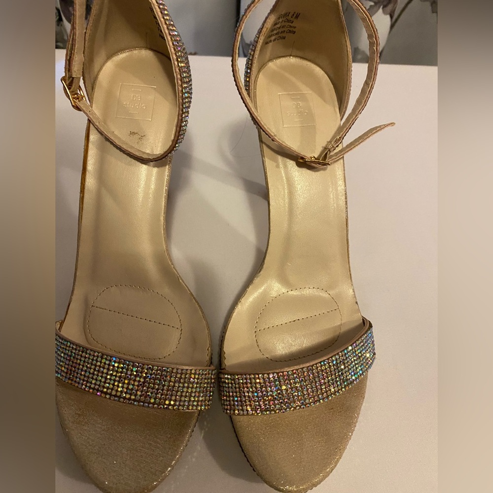 Gold Rhinestone Ankle Strap Heels Size 8
